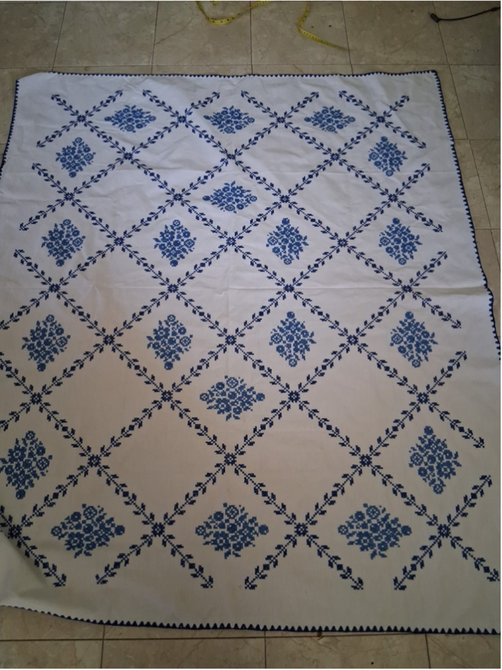 Vtg Hungarian Blue Floral Kalocsa Hand Embroidery Folk Art Tablecloth 60 X 48 "